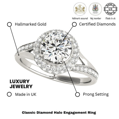 2.00Ct DE/VS Lab Grown Round Diamond Halo Engagement Ring 18K White Gold