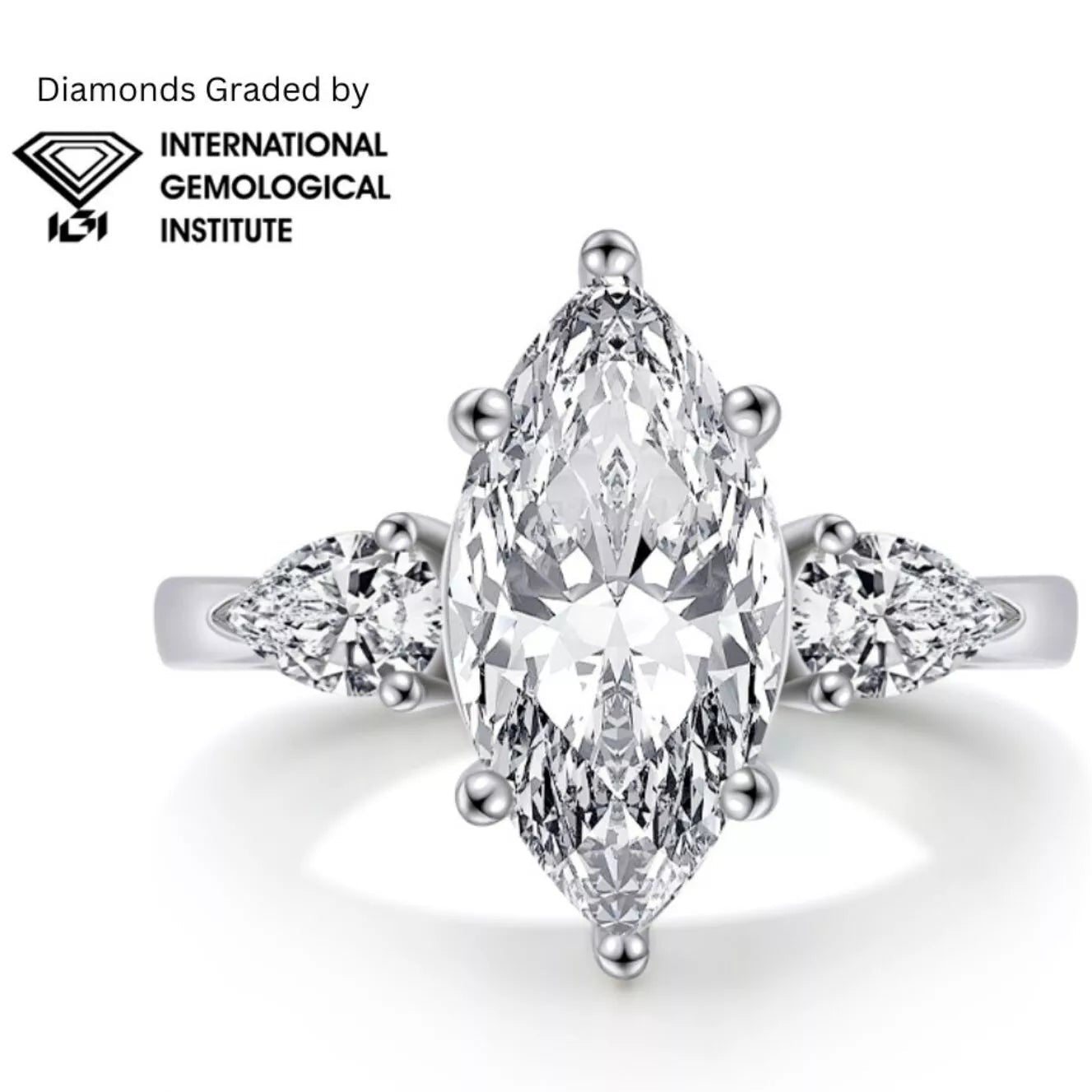 Diamond ring with International Gemological Institute logo on a white background