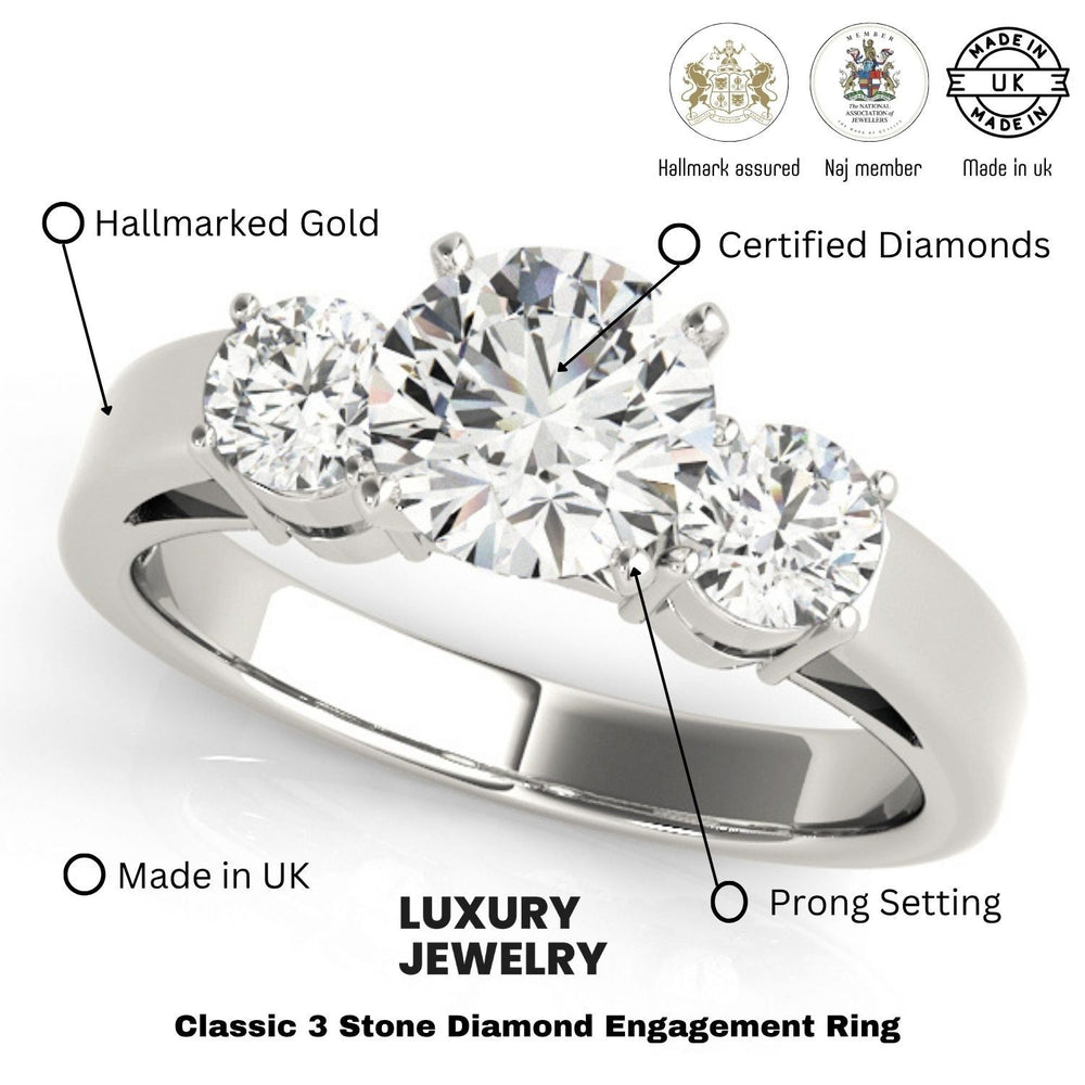 Lab Grown Round Diamond Prong Set 3 Stone Engagement Ring Platinum