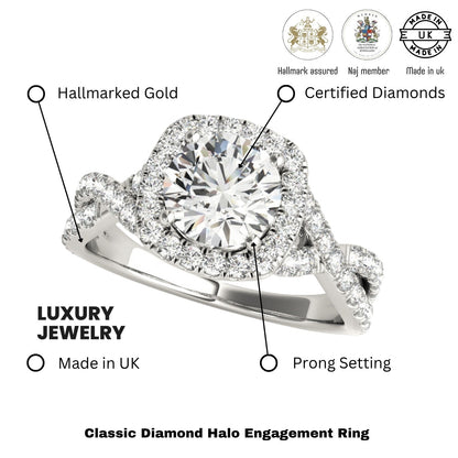 Lab Grown Round Diamond Halo Engagement Ring 18K White Gold