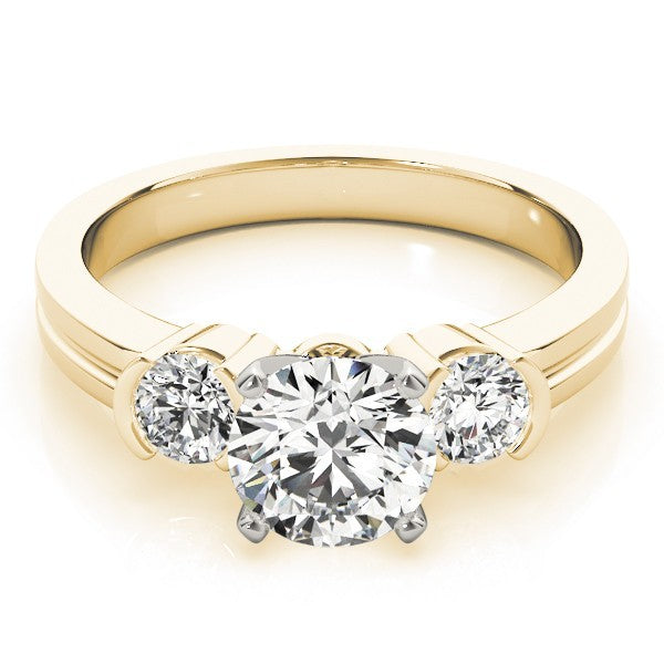 Gold ring with a central diamond flanked by two smaller diamonds on a white background