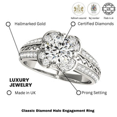 Lab Grown Round Cut Diamond Halo Engagement Ring Platinum