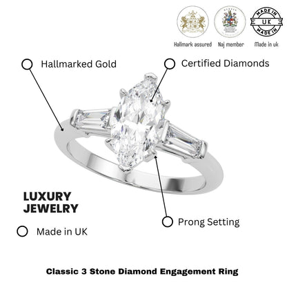 Lab-Grown Marquise Cut Diamond 3 Stone Engagement Ring