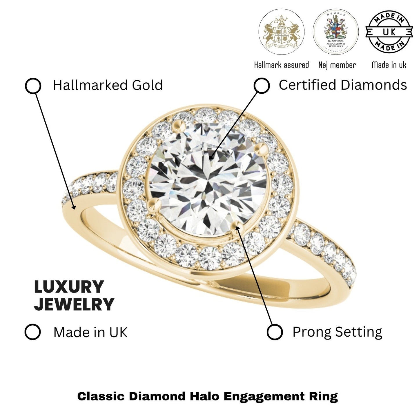 Lab Grown Round Diamond Halo Engagement Ring 18K Yellow Gold