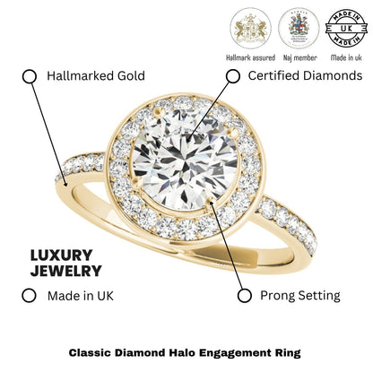 Lab Grown Round Diamond Halo Engagement Ring 18K Yellow Gold