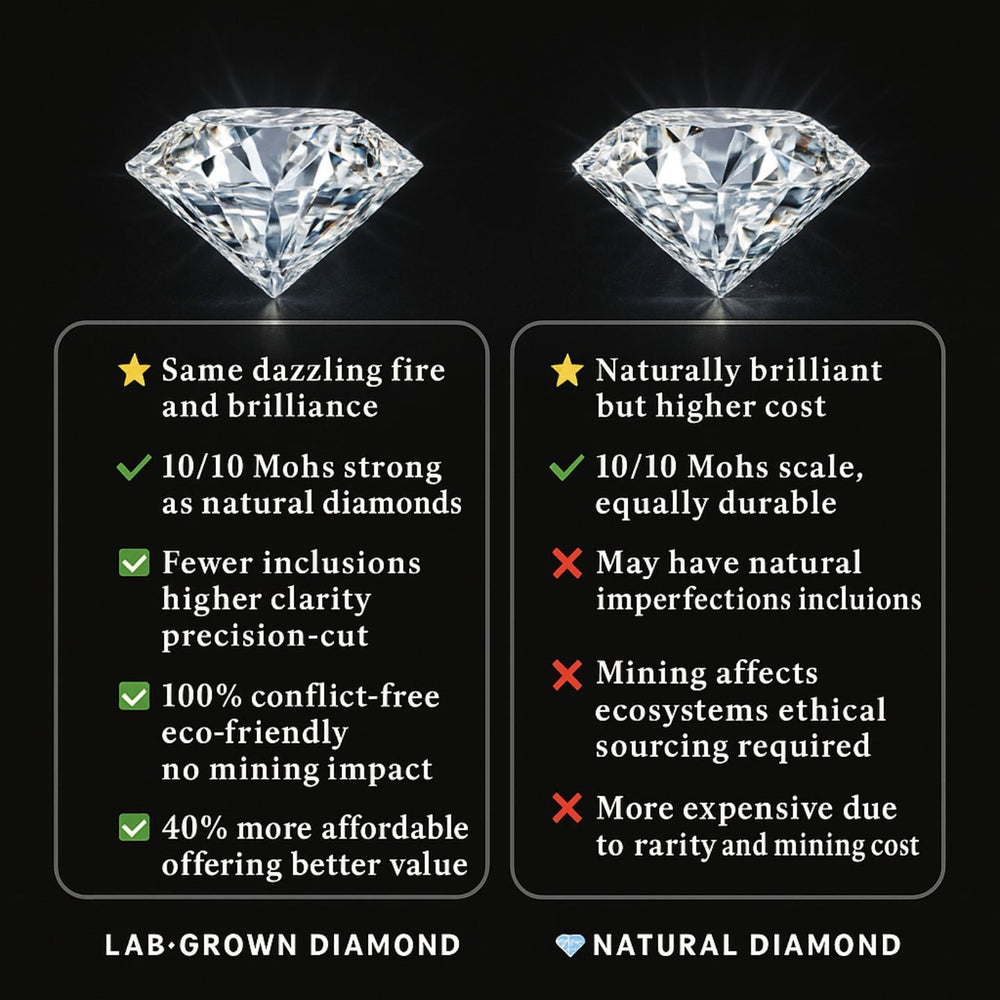 Comparison chart of lab-grown and natural diamonds on a black background