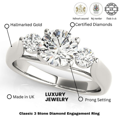 0.50Ct - 2.00Ct Lab Grown Round Diamond 3 Stone Engagement Ring Platinum