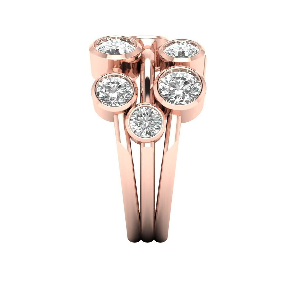Rose gold ring with multiple diamonds on a white background