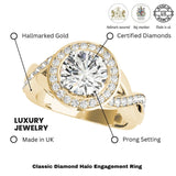 Bague de fiançailles en or jaune 18 carats avec diamant rond de laboratoire de 2,00 carats, pureté DE/VS et serti halo.