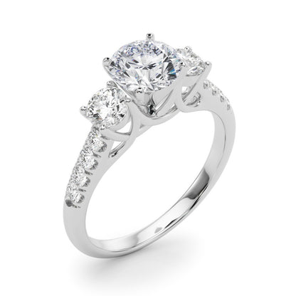 Diamond ring with a central gemstone and smaller stones on a white background