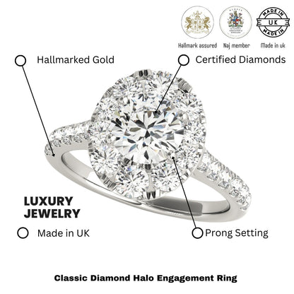 2.00 Ct DE/VS Lab Grown Round Diamond Halo Engagement Ring in Platinum