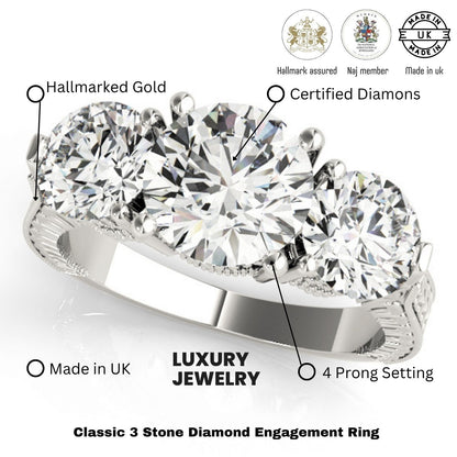 Platinum Lab Grown Diamond Trilogy Engagement Ring Art Deco Designer 2CT DE/VS