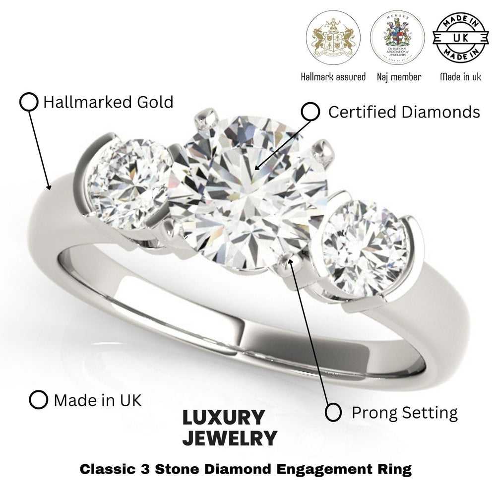 Platinum 3 Stone Engagement Ring Lab Grown Round Diamond Prong Set