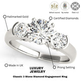 Platinum 3 Stone Engagement Ring Lab Grown Round Diamond Prong Set