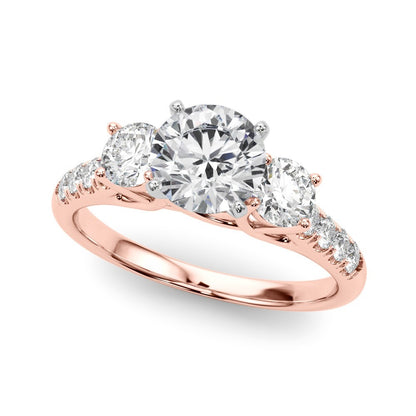 Rose gold ring with three diamonds on a white background