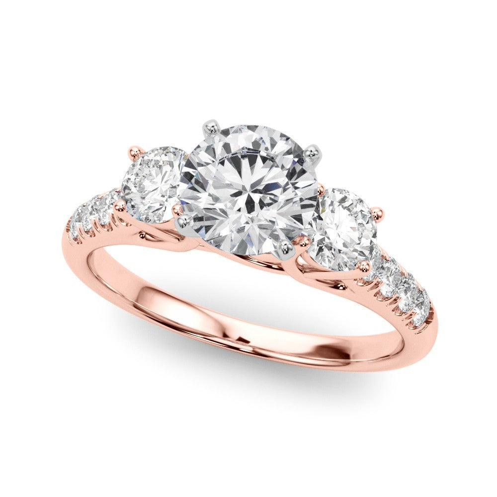 Rose gold ring with three diamonds on a white background