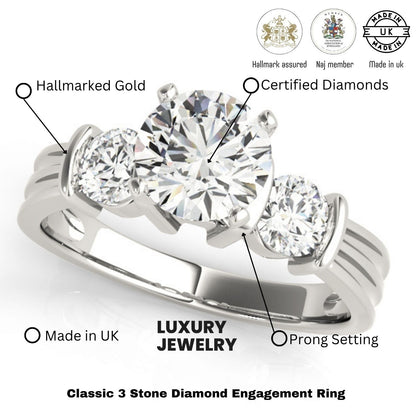 Three-stone diamond engagement ring with hallmarking details on a white background