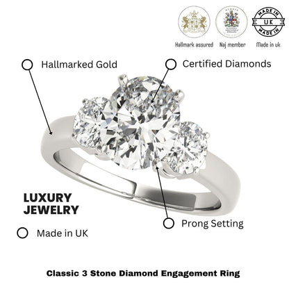 18k White gold Oval cut Trilogy Engagement Ring – 2Ct DE/VS Lab Grown Diamonds