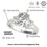 18k White gold Oval cut Trilogy Engagement Ring – 2Ct DE/VS Lab Grown Diamonds
