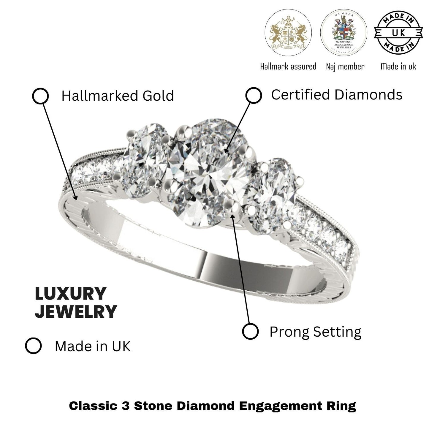 Lab Grown Oval Cut Diamond Trilogy Engagement Ring Platinum In 2.00ct DE/VS