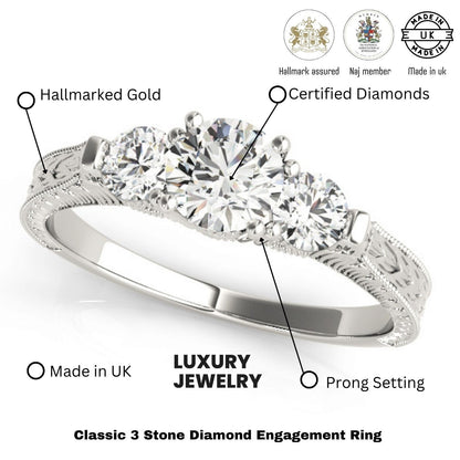 2.00Ct Lab Grown Round Diamond Milgrain 3 Stone Engagement Ring Platinum
