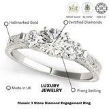 Verlobungsring aus Platin mit 2,00 Karat im Labor gezüchteten, runden Diamanten, Milgrain-Verzierung und drei Steinen