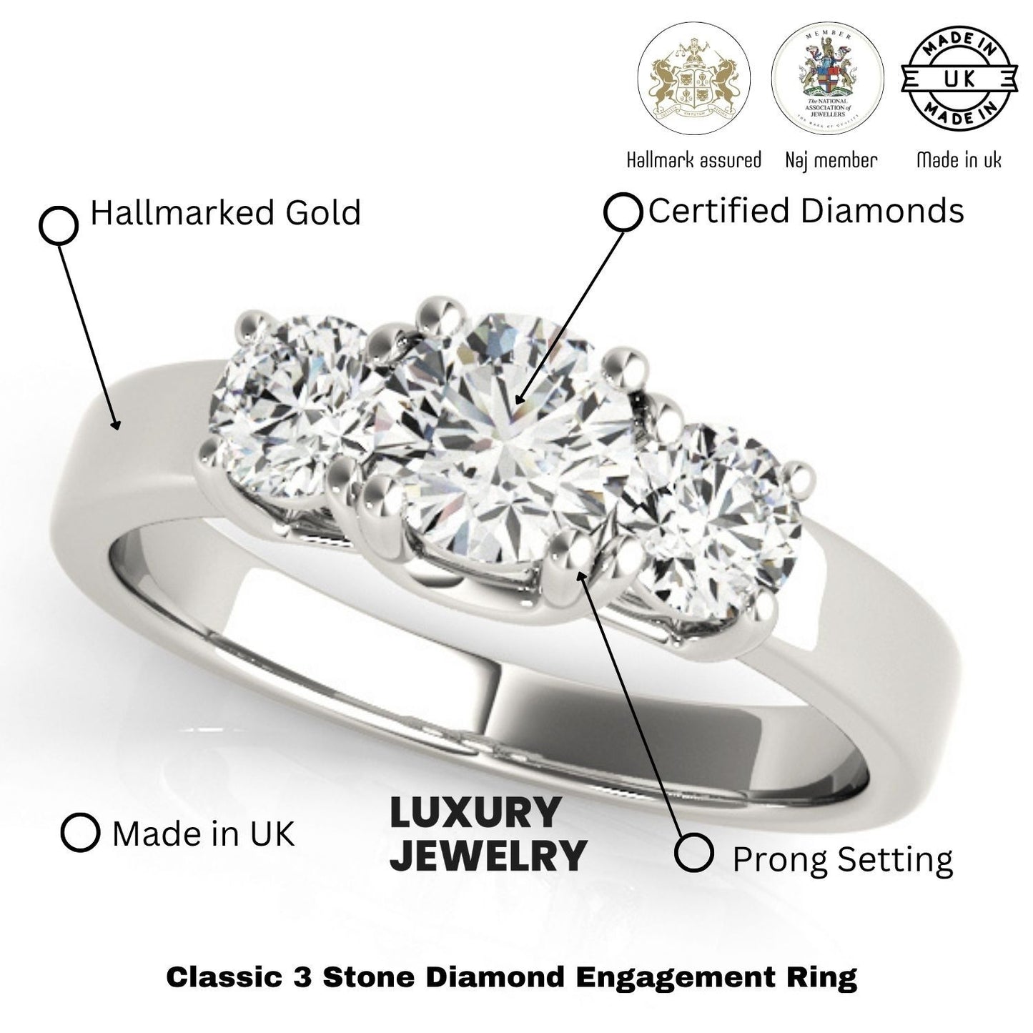 Lab Grown Round Diamond 3 Stone Engagement Ring Platinum