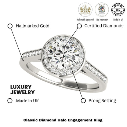 Lab Grown Round Diamond Halo Engagement Ring 18K White Gold