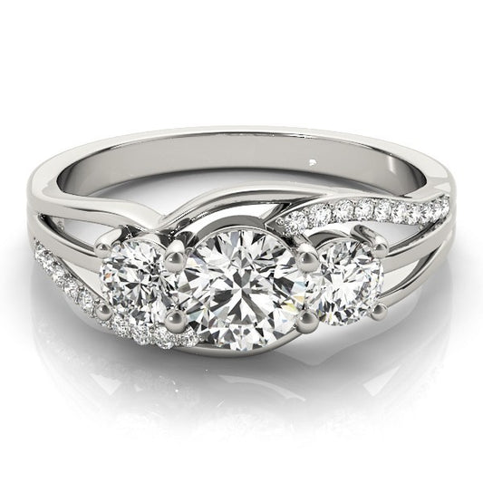 Silver ring with three diamonds on a white background