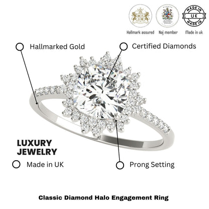 Lab-Grown Diamond Halo Engagement Ring in Platinum UK Hallmarked