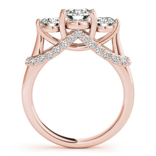 Rose gold ring with diamond accents on a white background