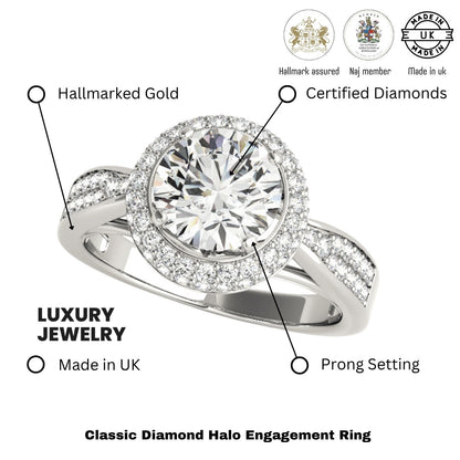 2.00 Ct Lab Grown Round Diamond Halo Engagement Ring 18K White Gold