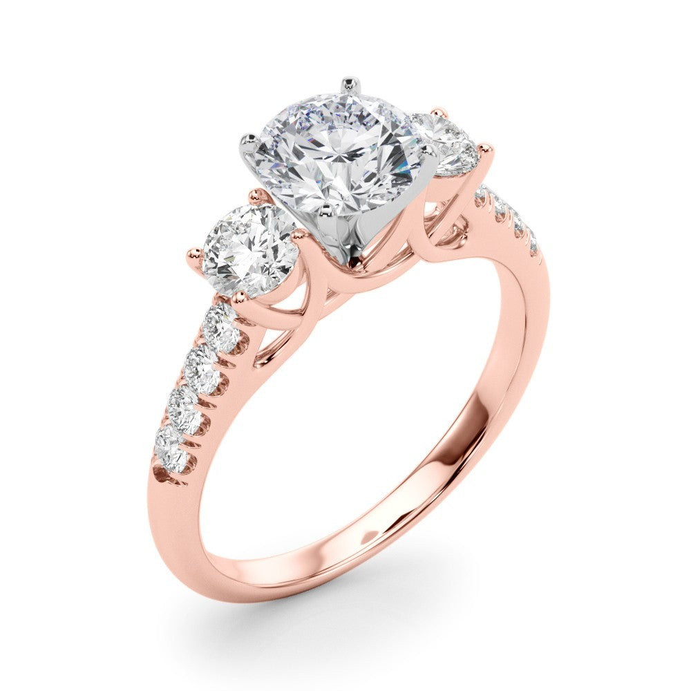 Rose gold ring with two diamonds on a white background