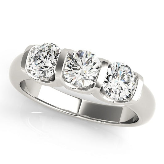 Silver ring with three diamonds on a white background