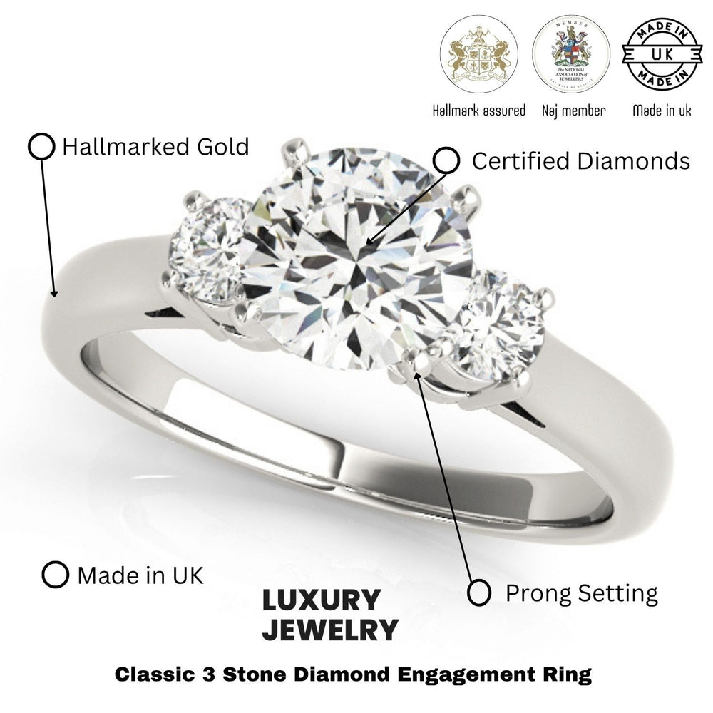 Diamond engagement ring with hallmarking and certification details on a white background