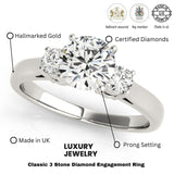 Diamond engagement ring with hallmarking and certification details on a white background