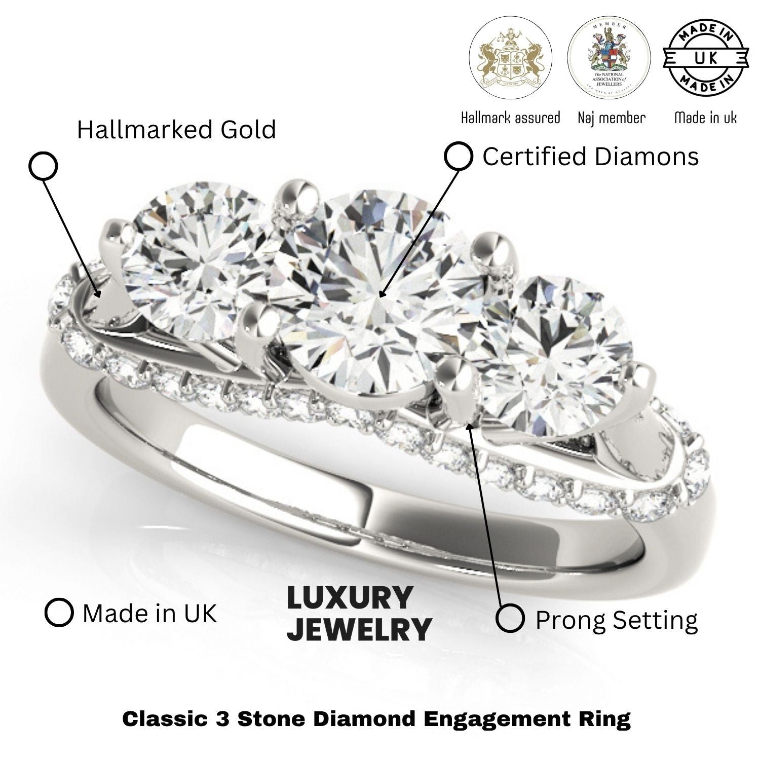 Diamond engagement ring with hallmarking details on a white background