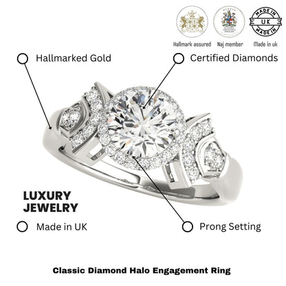 Lab Grown Round Diamond Halo Engagement Ring 18K White Gold