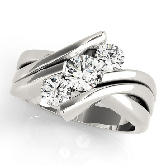 Silver ring with three diamonds on a white background