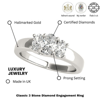 Lab-Grown Oval Cut Diamond Trilogy Engagement Ring 18K White Gold