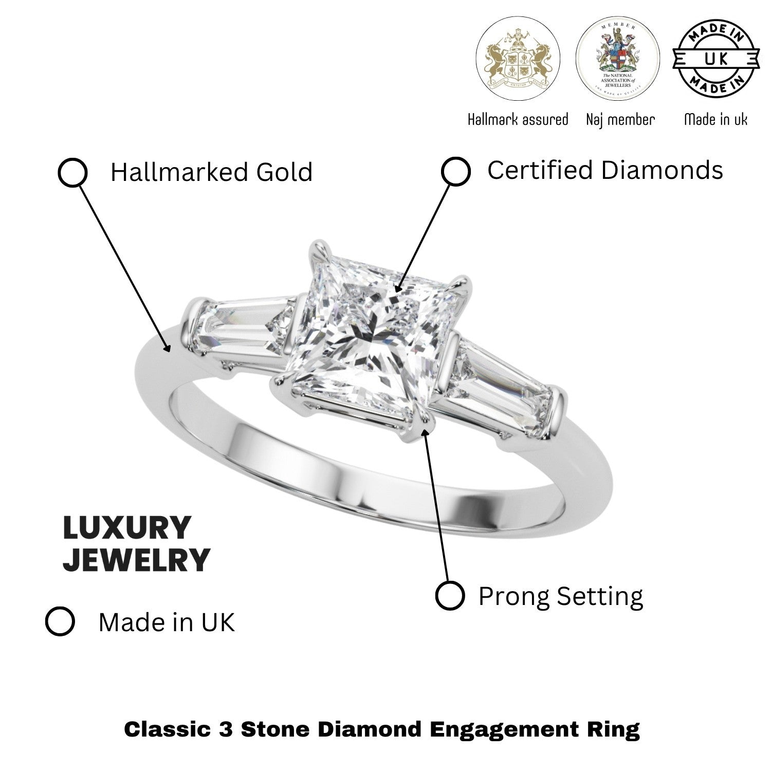 Lab-Grown Square Cut Diamond 3 Stone Engagement Ring