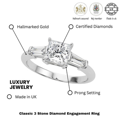 Lab-Grown Square Cut Diamond 3 Stone Engagement Ring