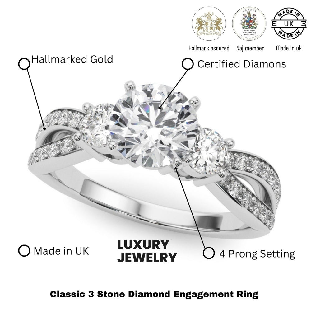 Diamond engagement ring with hallmarking details on a white background