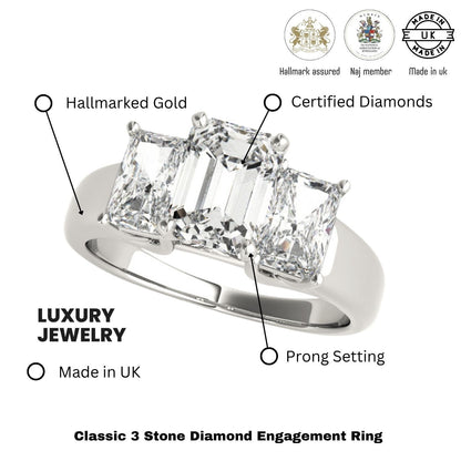 2.00 ct Emerald DE/VS Lab-Grown Diamond Trilogy Engagement Ring in 18K White Gold