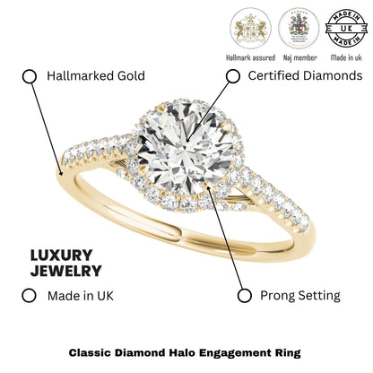 Lab Grown Round Diamond Halo Engagement Ring 18K Yellow Gold