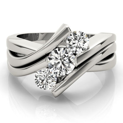 Silver ring with three diamonds on a white background