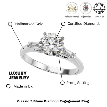 Lab-Grown Round Cut Diamond 3 Stone Engagement Ring 950 Platinum