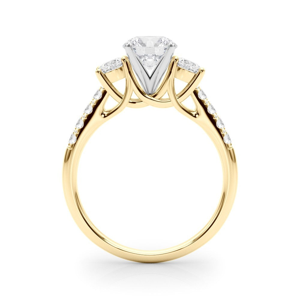 Gold ring with a diamond triangle center stone on a white background