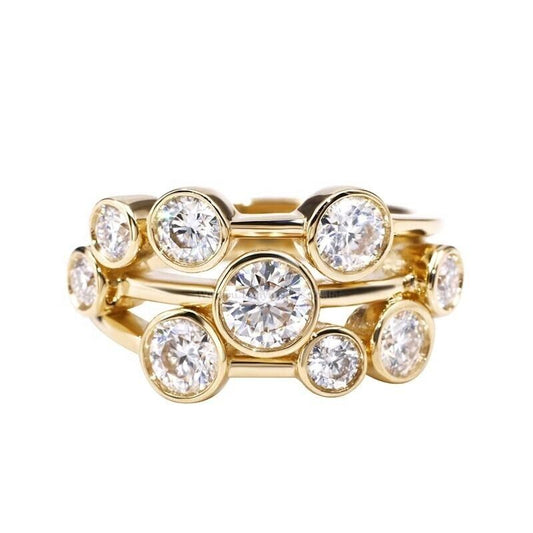18k Yellow Gold - 2Ct 100% Natural Round Cut Diamonds Bubble Ring