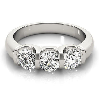 Silver ring with three diamonds on a white background